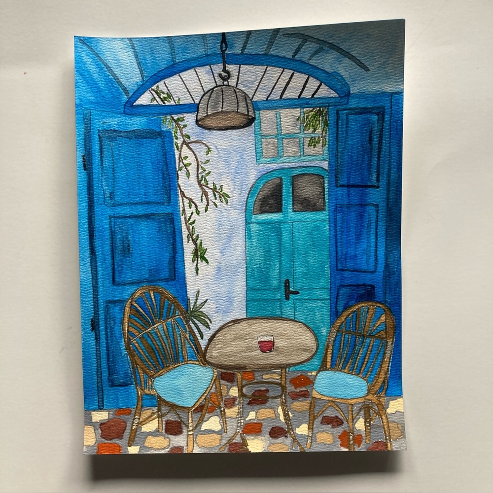 Blue Patio  Watercolor Painting